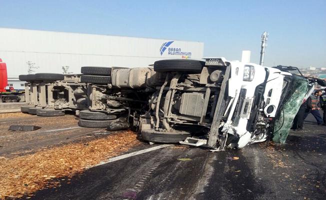 Kocaeli'de talaş yüklü tır devrildi: 1 yaralı