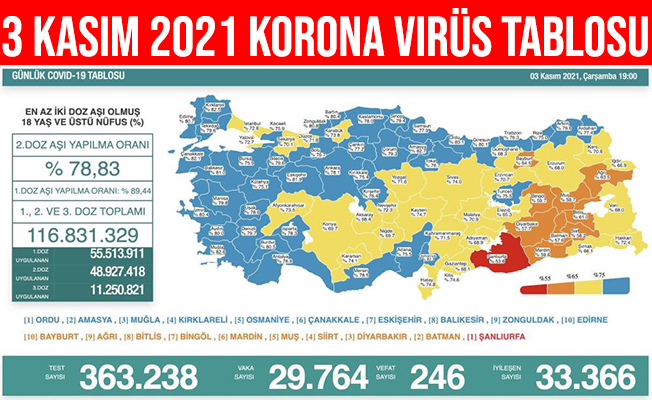 3 Kasım 2021 Türkiye Korona Virüs Tablosu