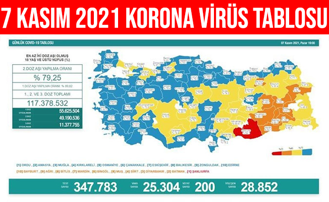 7 Kasım 2021 Türkiye Korona Virüs Tablosu