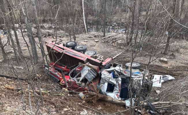 Freni boşalan vinç şarampole uçtu